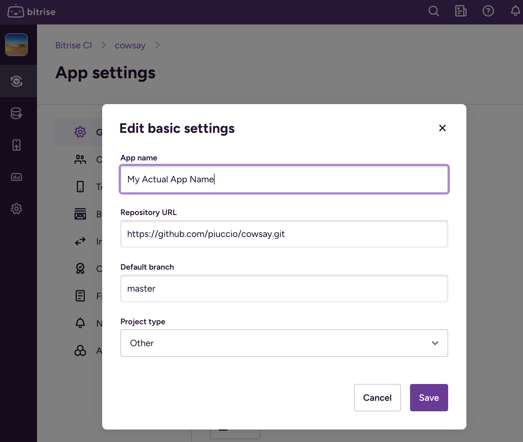 Screenshot of changing app name
