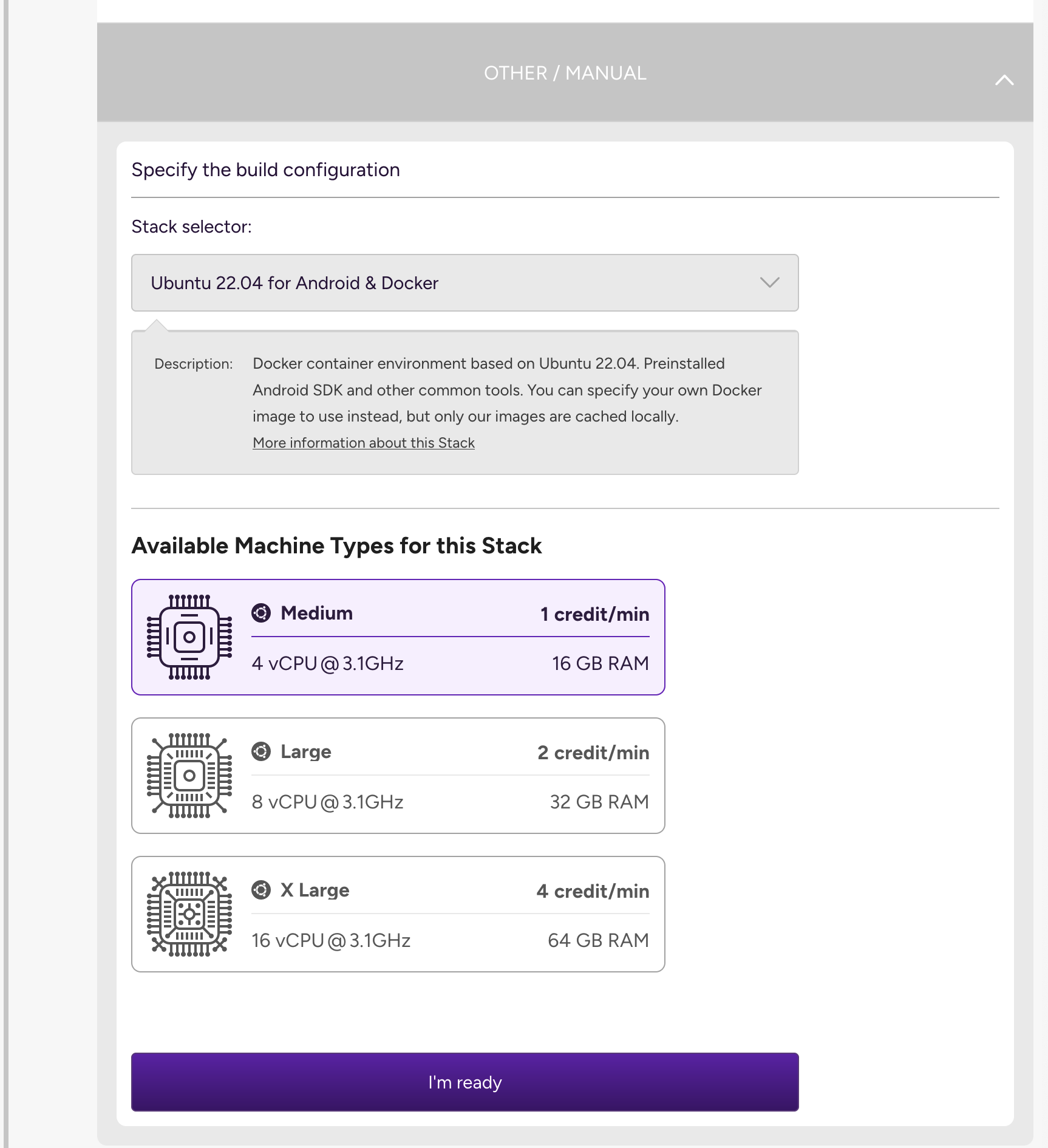 Screenshot of stack selection